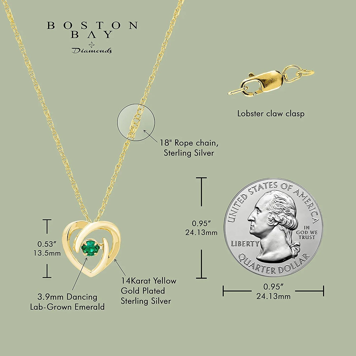 Lab-Grown Emerald Dancing Gemstone Heart Pendant in 14K Yellow Gold Sterling Silver