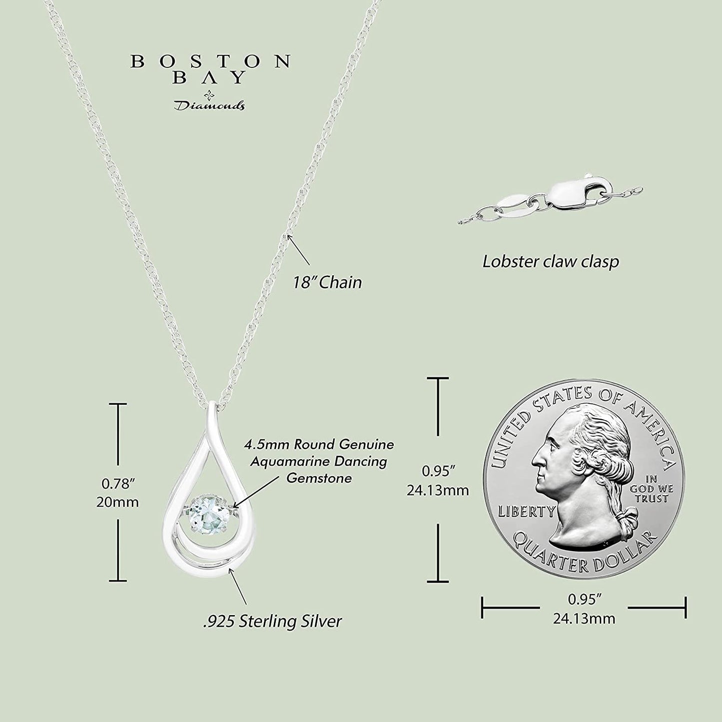 Genuine 4.5mm Aquamarine Dancing Gemstone Teardrop Pendant in Sterling Silver