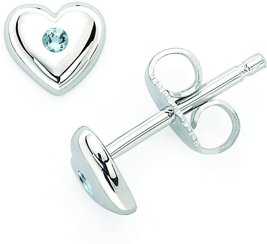 Simulated Aquamarine Sterling Silver Birthstone Heart Stud Earrings