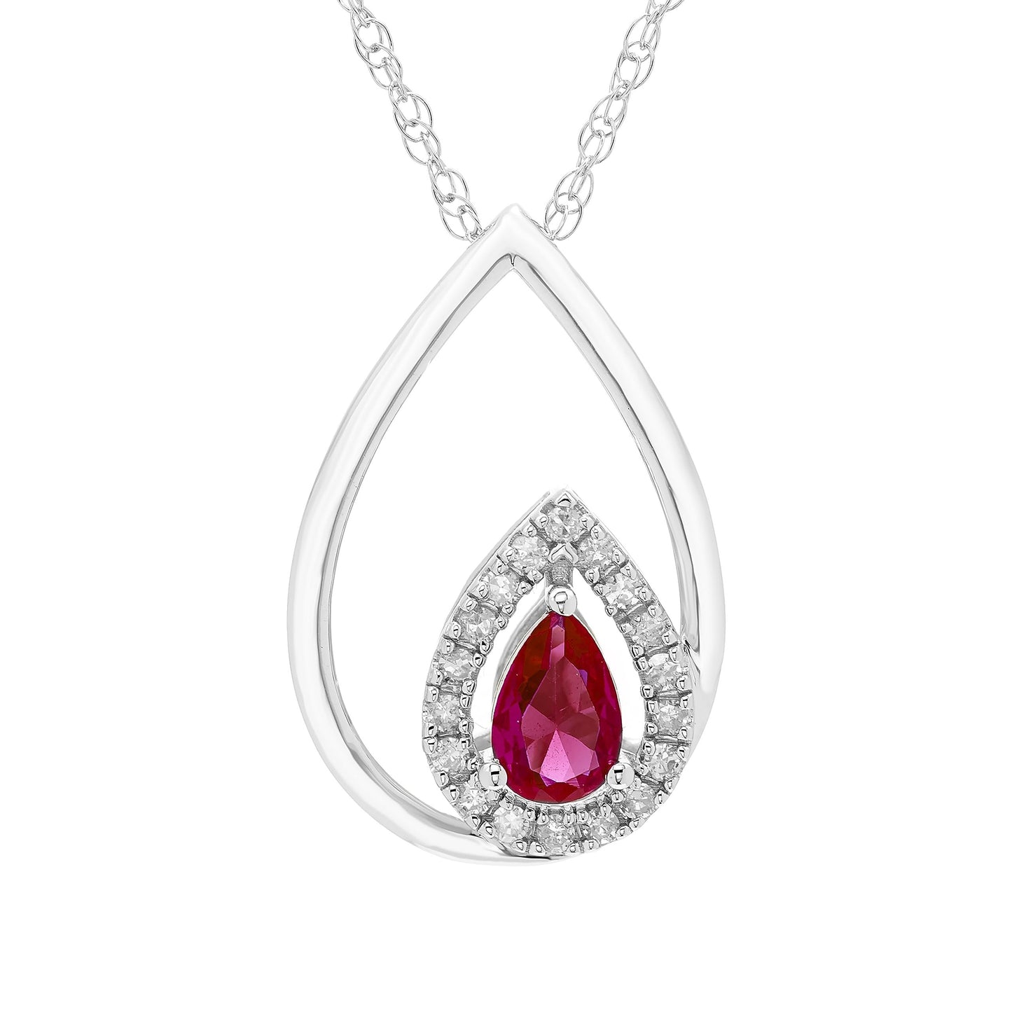 Lab-Grown Ruby Pear Cut & 1/8cttw Diamond Double Teardrop Pendant Necklace in .925 Sterling Silver with 18" Rope Chain