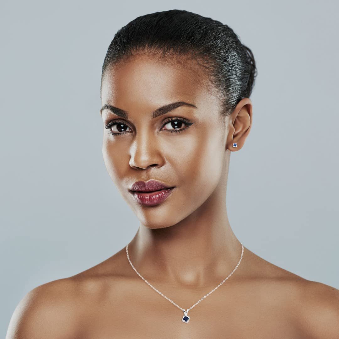 Sterling Silver Lab-Grown Blue Sapphire 4-Prong Twist Solitaire Earrings & Pendant Set with Chain