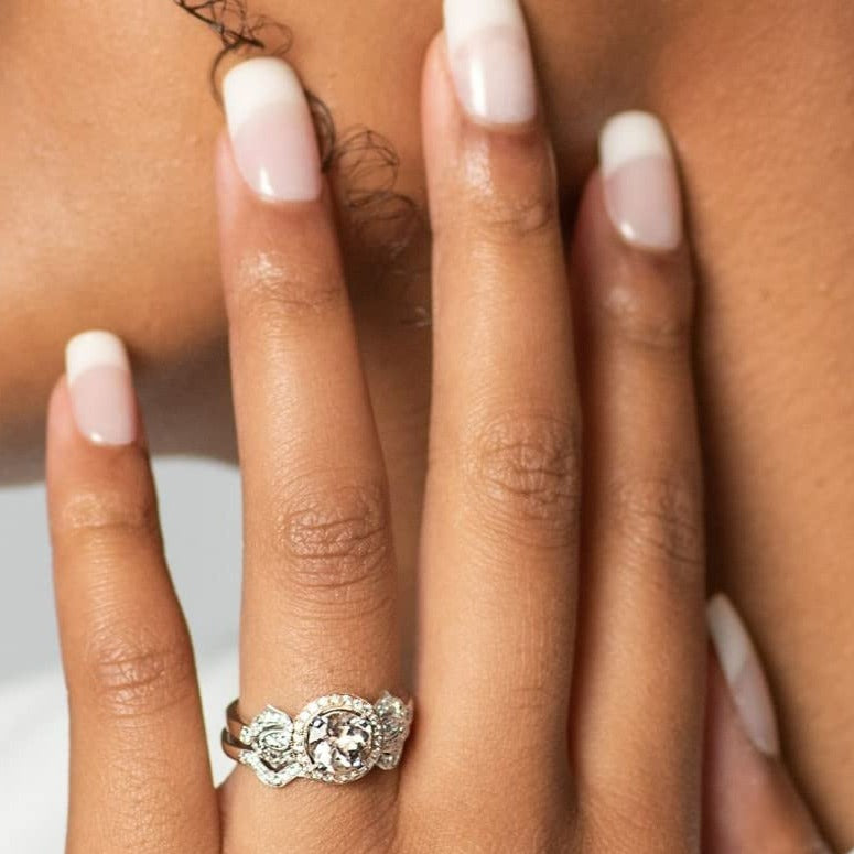 Genuine Morganite & 1/3cttw Diamond Halo Milgrain Floral 10K White & Rose Gold Engagement or Statement Ring