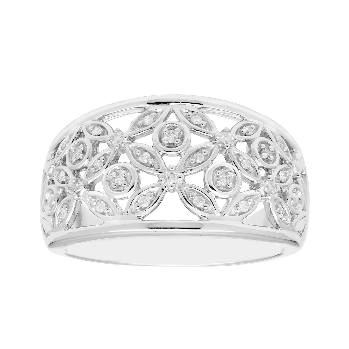 1/10cttw Genuine Diamond Flower Openwork Statement Ring in Sterling Silver