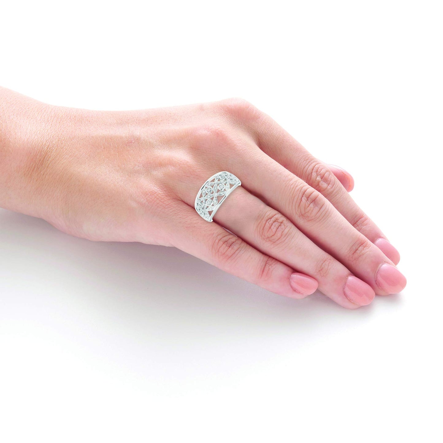 1/10cttw Genuine Diamond Flower Openwork Statement Ring in Sterling Silver