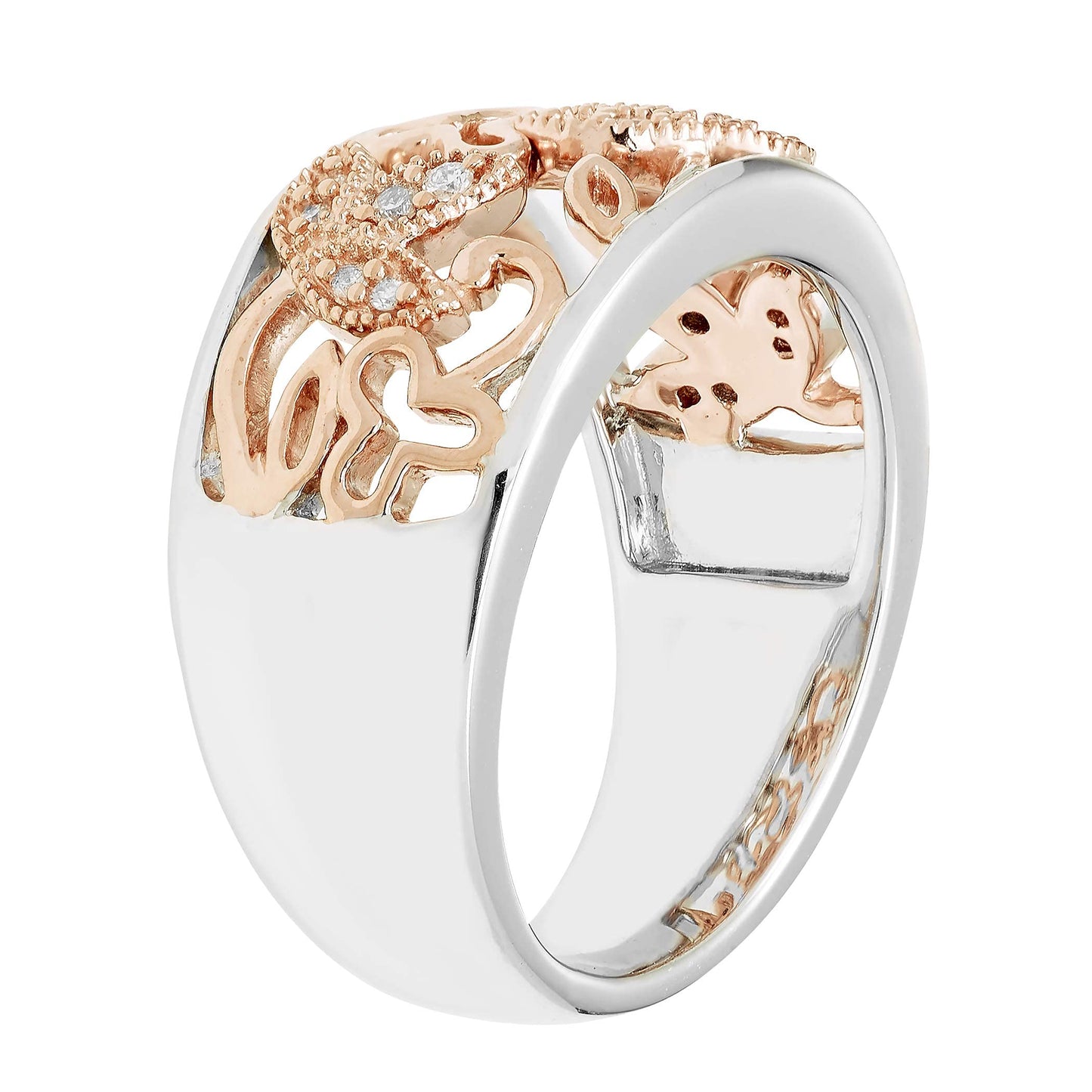 1/10cttw Diamond Floral Wide Band Ring in 14K Rose Gold Plated Sterling Silver