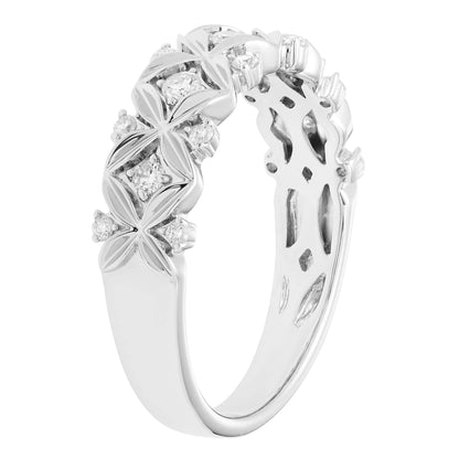 Sterling Silver 1/5cttw Genuine Diamond XO 4-Petal Flower Wide Band Ring