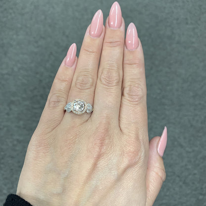 Genuine Morganite & 1/3cttw Diamond Halo Milgrain Floral 10K White & Rose Gold Engagement or Statement Ring