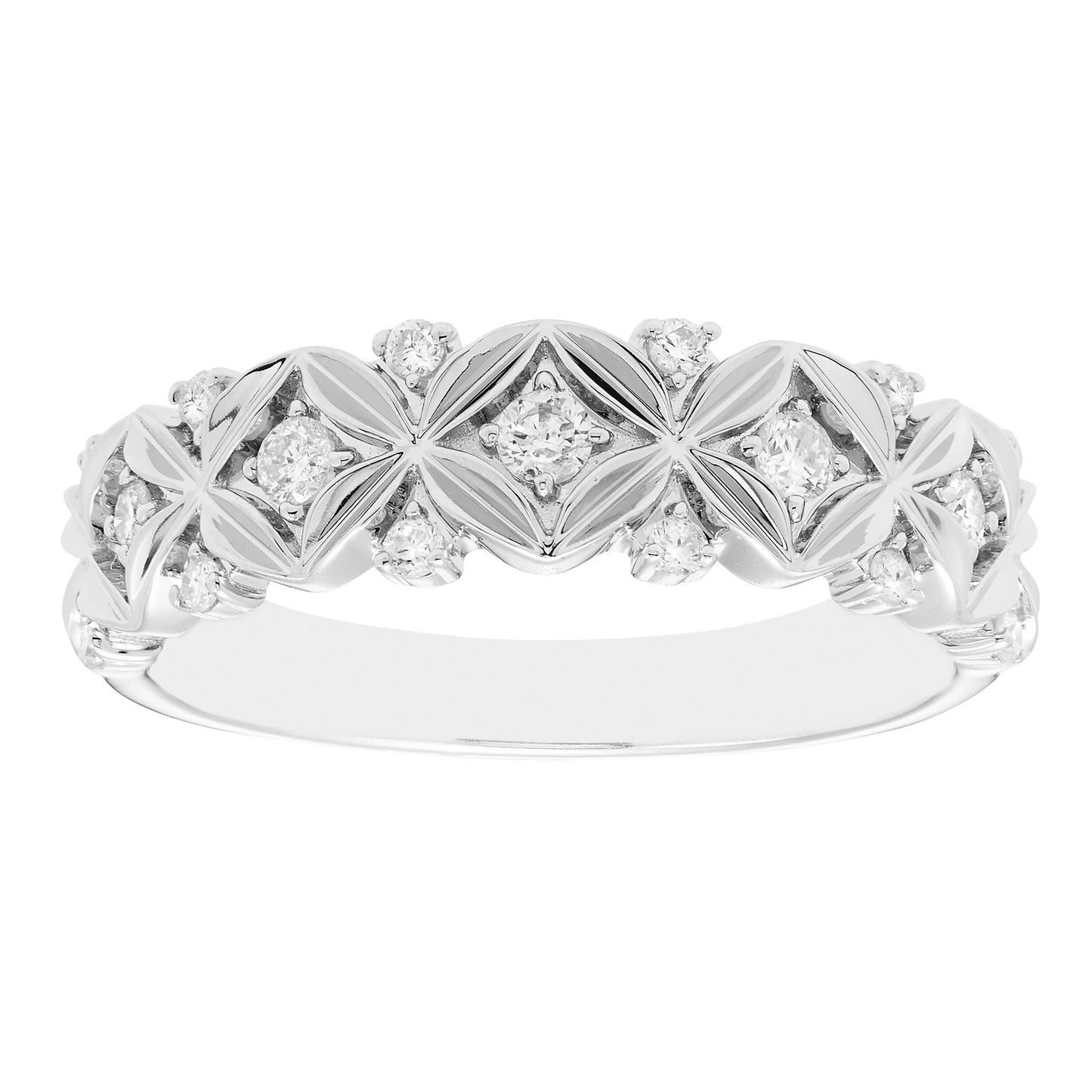 Sterling Silver 1/5cttw Genuine Diamond XO 4-Petal Flower Wide Band Ring