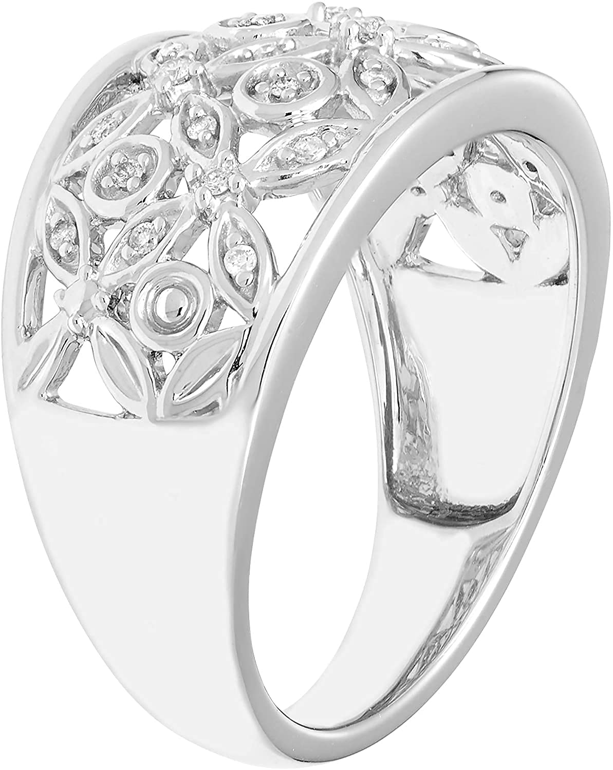 1/10cttw Genuine Diamond Flower Openwork Statement Ring in Sterling Silver