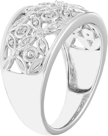 1/10cttw Genuine Diamond Flower Openwork Statement Ring in Sterling Silver