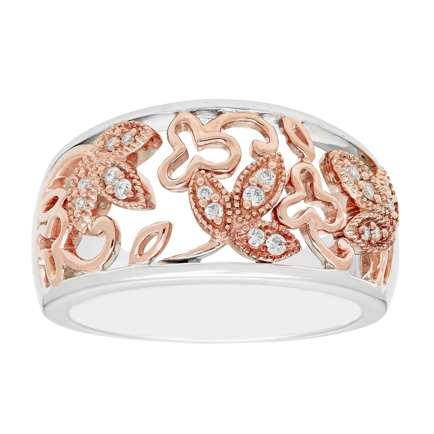 1/10cttw Diamond Floral Wide Band Ring in 14K Rose Gold Plated Sterling Silver