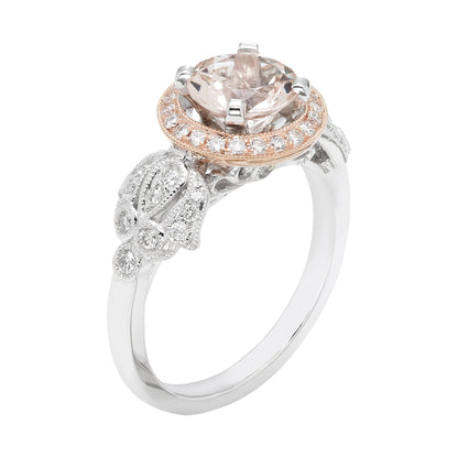 Genuine Morganite & 1/3cttw Diamond Halo Milgrain Floral 10K White & Rose Gold Engagement or Statement Ring