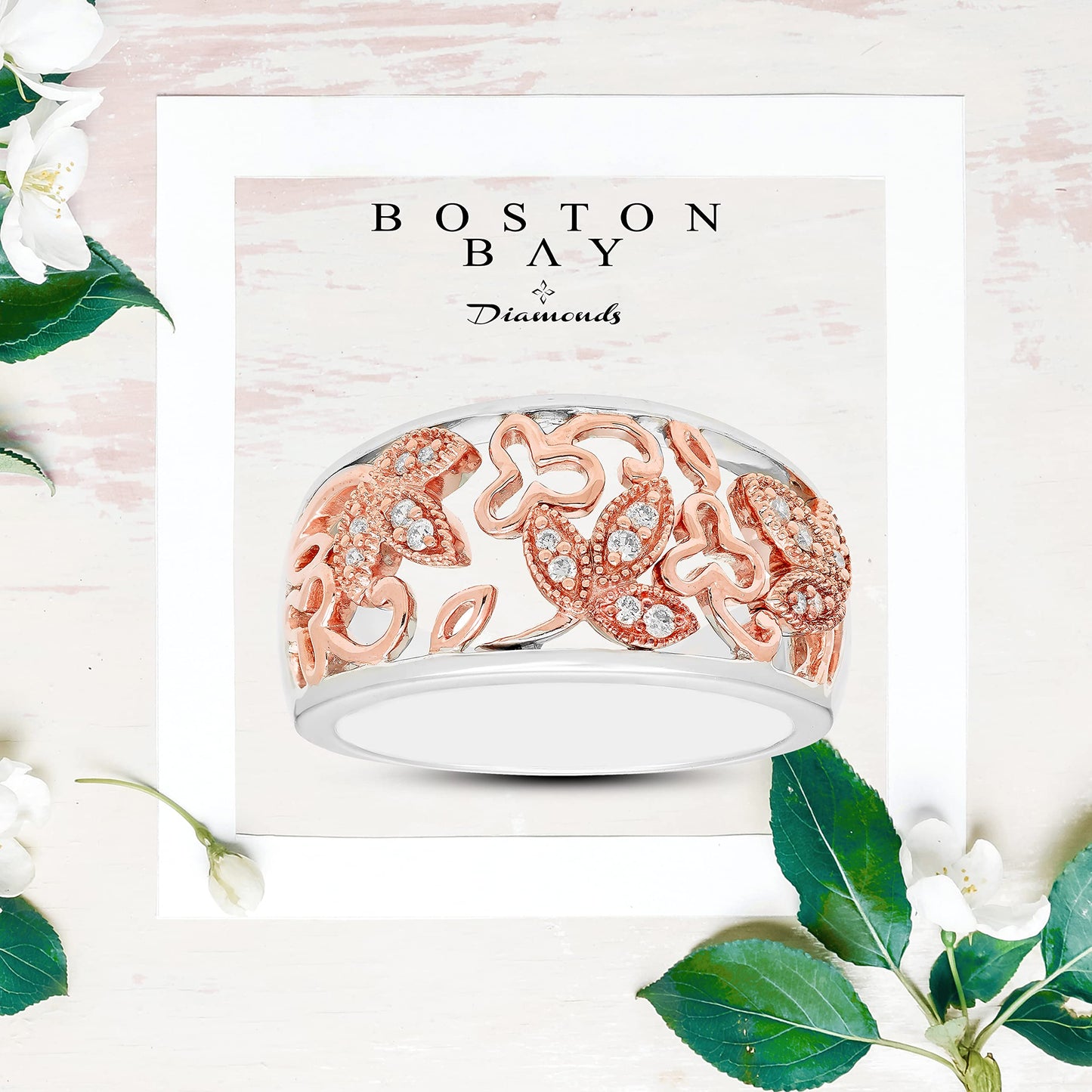 1/10cttw Diamond Floral Wide Band Ring in 14K Rose Gold Plated Sterling Silver