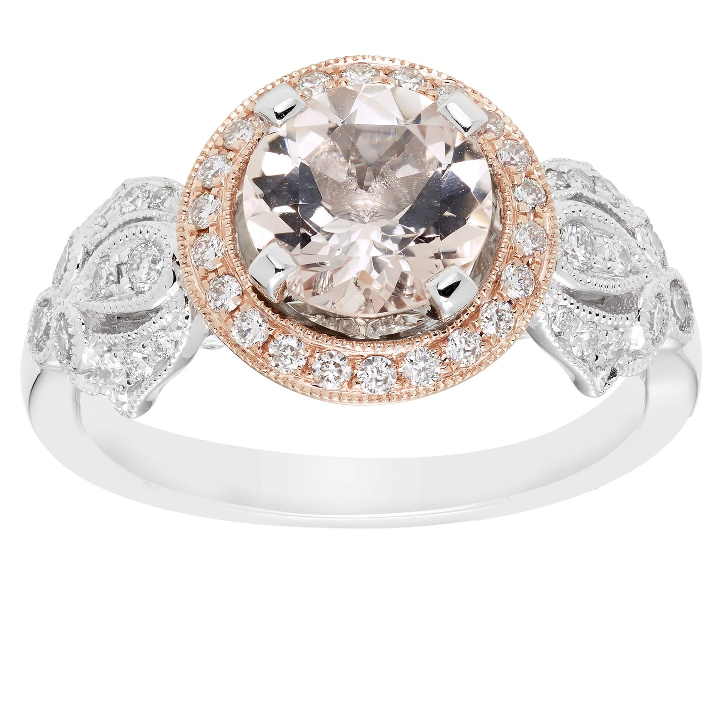 Genuine Morganite & 1/3cttw Diamond Halo Milgrain Floral 10K White & Rose Gold Engagement or Statement Ring