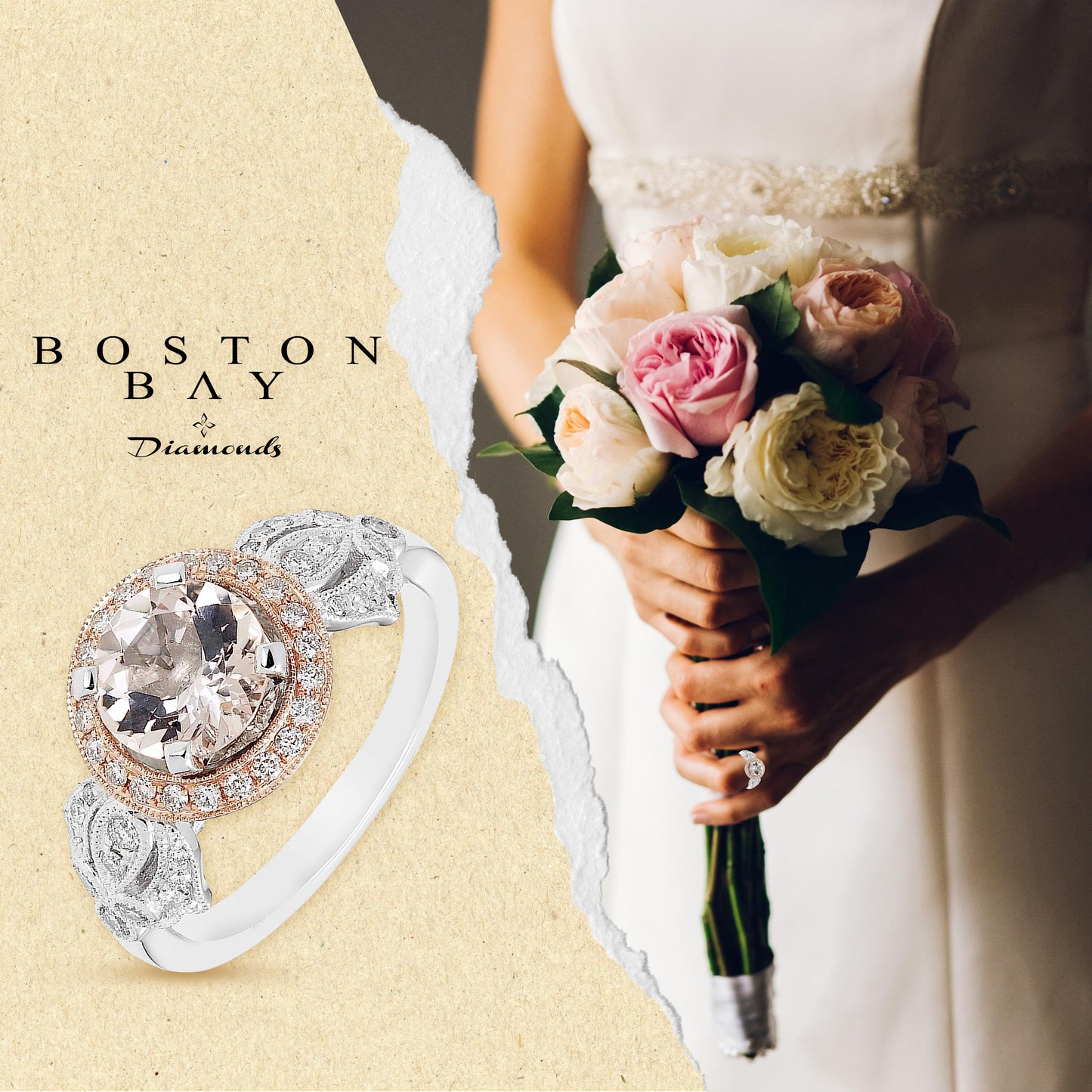 Genuine Morganite & 1/3cttw Diamond Halo Milgrain Floral 10K White & Rose Gold Engagement or Statement Ring