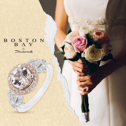 Genuine Morganite & 1/3cttw Diamond Halo Milgrain Floral 10K White & Rose Gold Engagement or Statement Ring