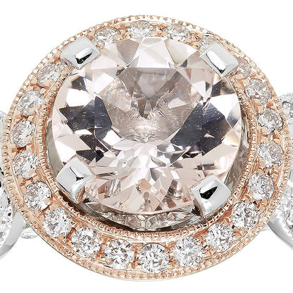 Genuine Morganite & 1/3cttw Diamond Halo Milgrain Floral 10K White & Rose Gold Engagement or Statement Ring