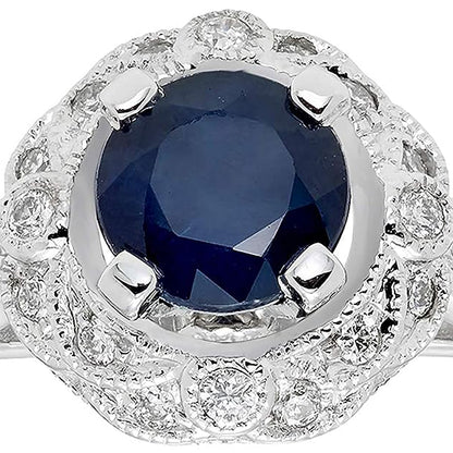 Genuine Blue Sapphire & 1/4cttw Diamond Vintage Milgrain Halo 10K White Gold Engagement or Statement Ring