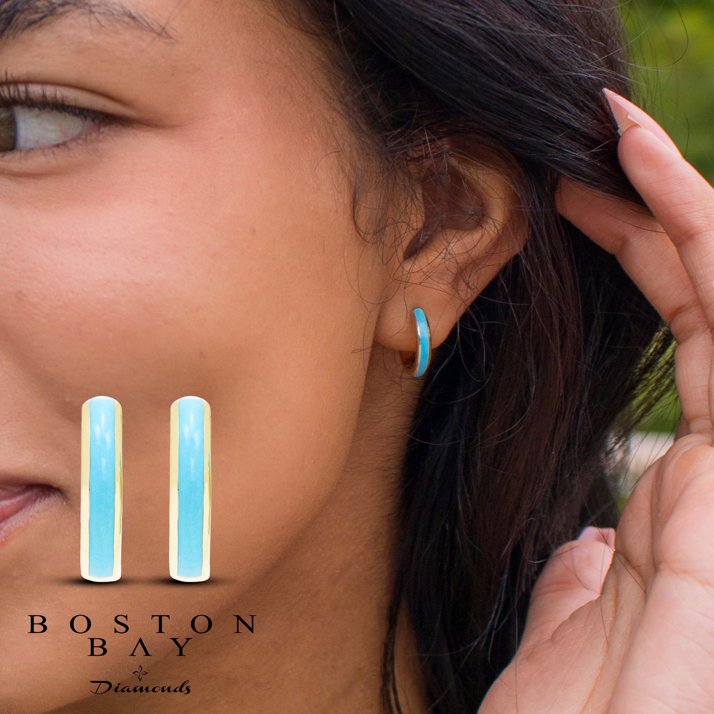 Turquoise Enamel Reverisible Huggie Hoop Earrings in 14K Yellow Gold Sterling Silve