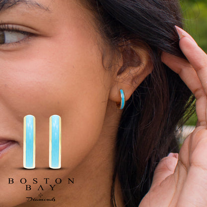 Turquoise Enamel Reverisible Huggie Hoop Earrings in 14K Yellow Gold Sterling Silve