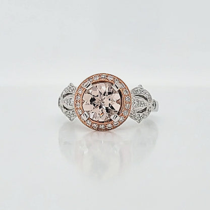 Genuine Morganite & 1/3cttw Diamond Halo Milgrain Floral 10K White & Rose Gold Engagement or Statement Ring