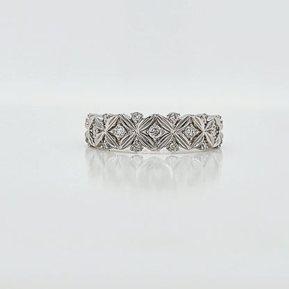 Sterling Silver 1/5cttw Genuine Diamond XO 4-Petal Flower Wide Band Ring