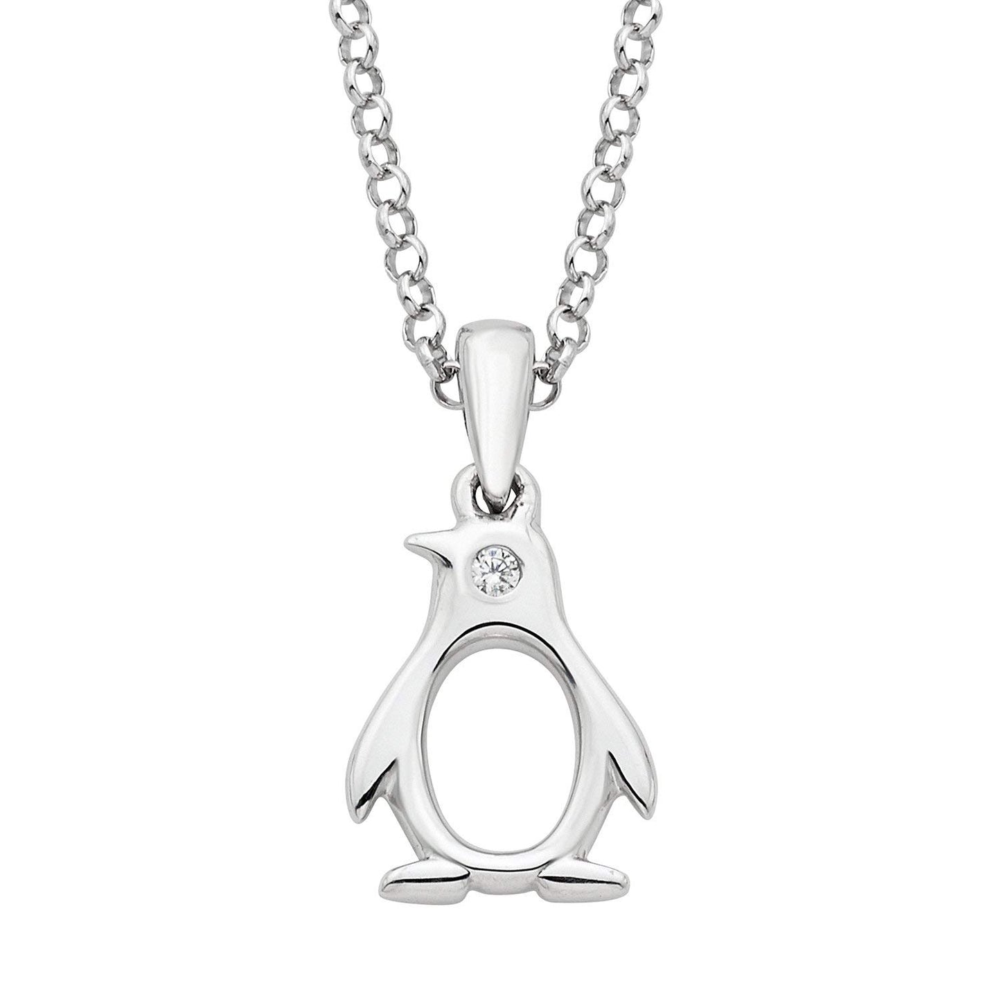 Sterling Silver Diamond Accent Penguin Pendant with 14" Rolo Chain & 2" Ext