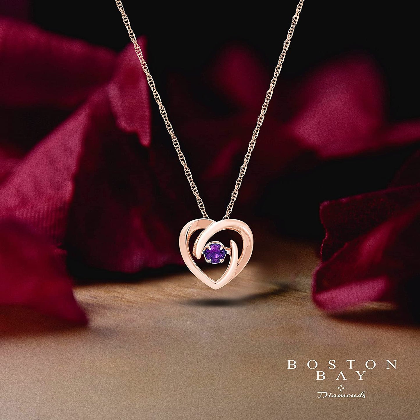 Genuine Amethyst Dancing Gemstone Heart Pendant in 14K Rose Sterling Silver