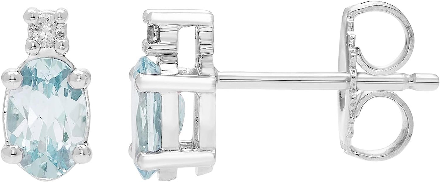 Aquamarine Oval Cut & Diamond Accented Stud Earrings in .925 Sterling Silver