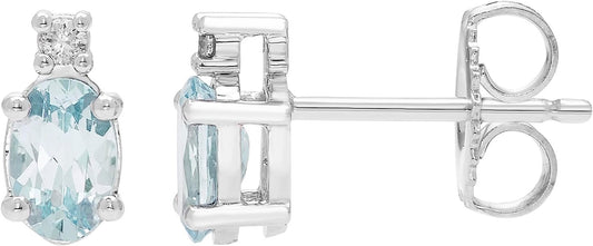 Aquamarine Oval Cut & Diamond Accented Stud Earrings in .925 Sterling Silver