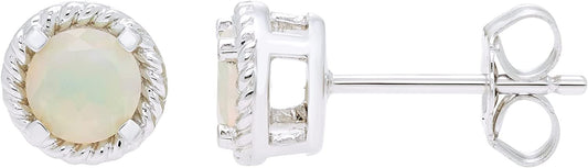 Sterling Silver Genuine Opal Halo Rope Stud Earrings