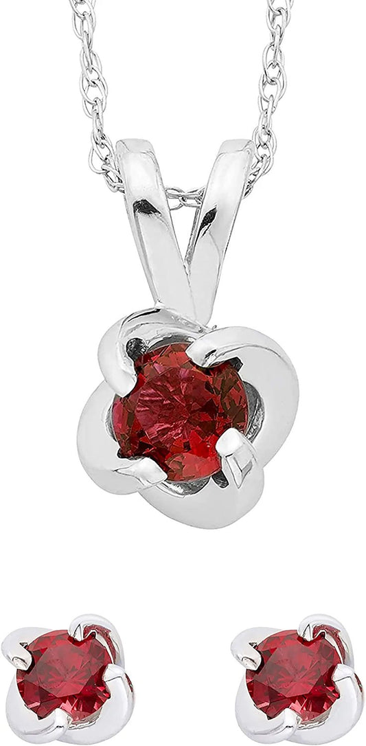 Sterling Silver Lab-Grown Ruby 4-Prong Twist Solitaire Earrings & Pendant Set with Chain