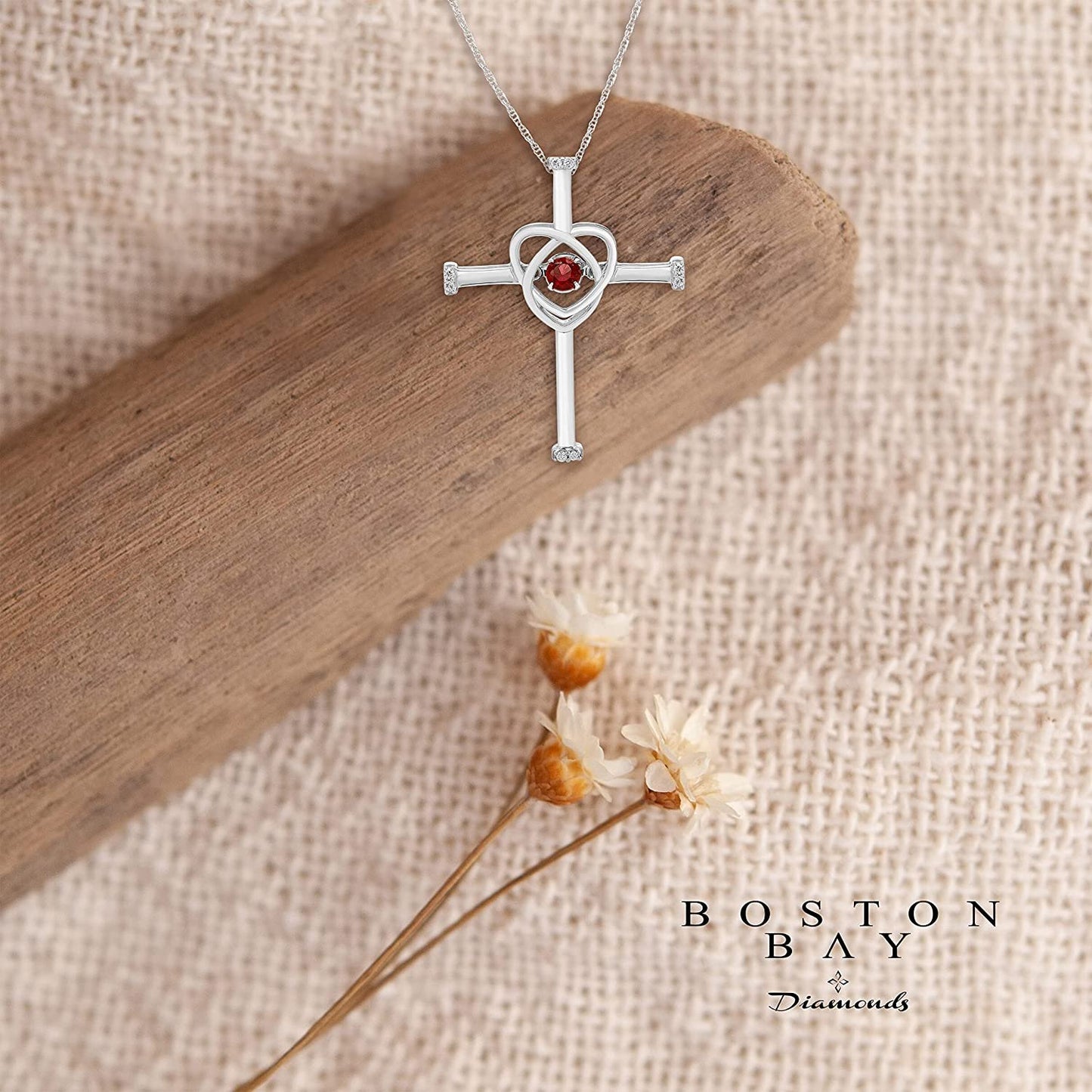 Genuine Garnet Dancing Gemstone & Genuine Diamond Cross Pendant in Sterling Silver