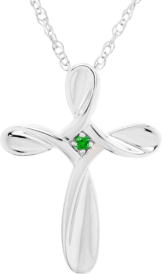 Sterling Silver Lab-Grown Emerald Cross Pendant with chain