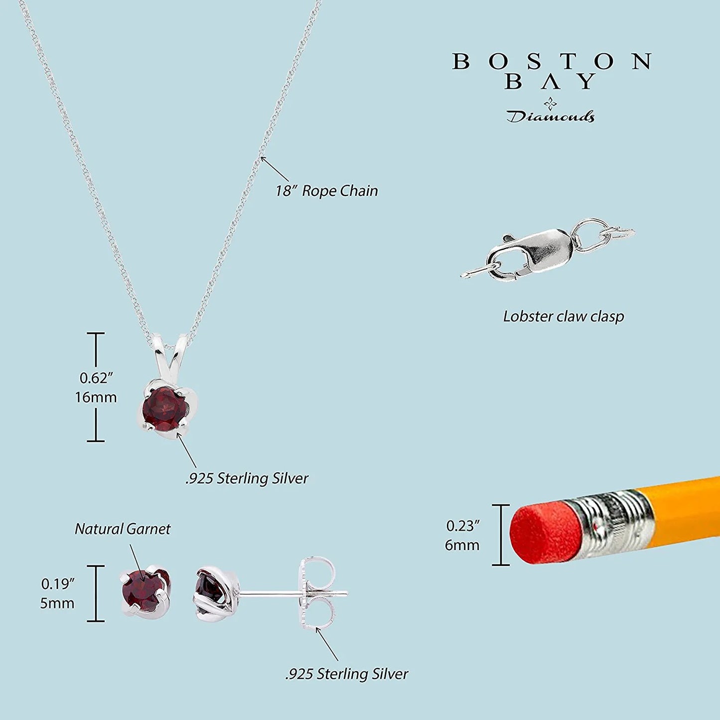 Sterling Silver Genuine Garnet 4-Prong Twist Solitaire Earrings & Pendant Set with Chain
