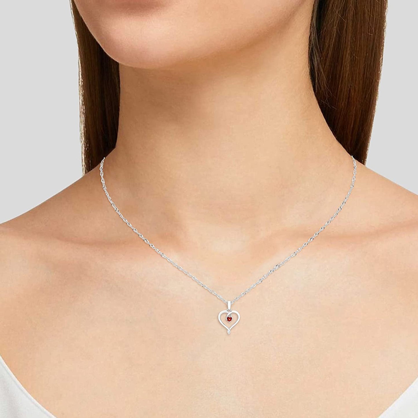 Sterling Silver Genuine Garnet Heart Pendant with Chain