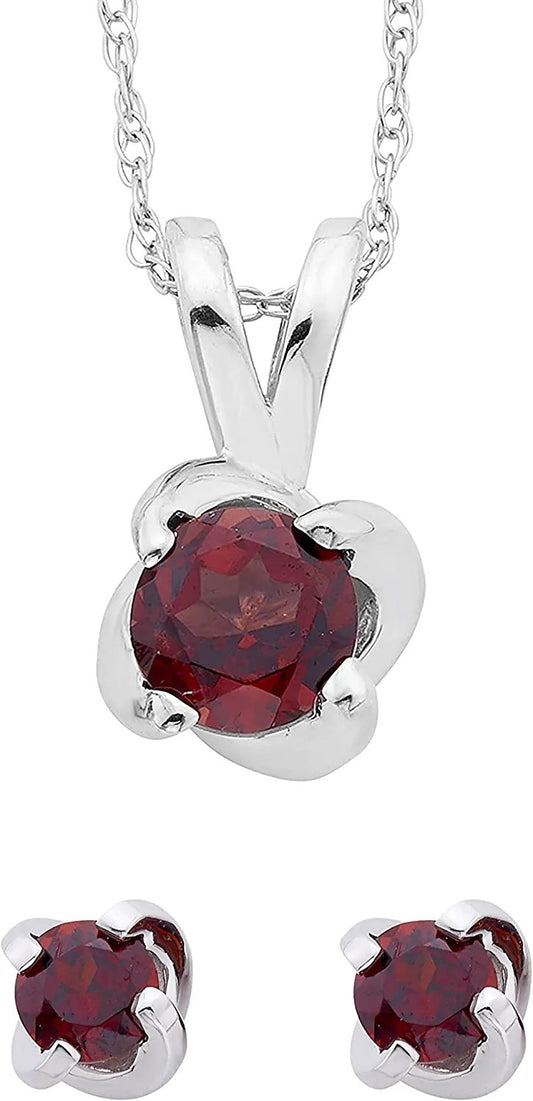 Sterling Silver Genuine Garnet 4-Prong Twist Solitaire Earrings & Pendant Set with Chain