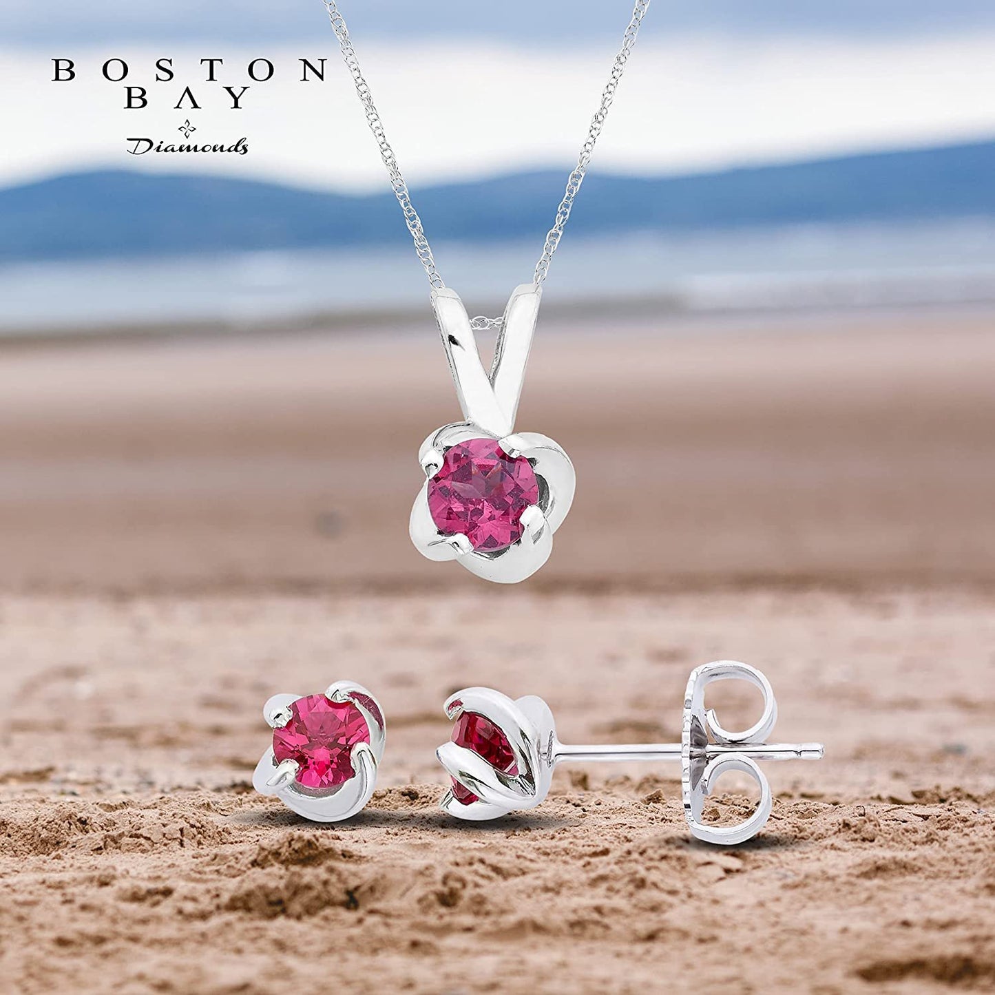 Sterling Silver Genuine Pink Tourmaline 4-Prong Twist Solitaire Earrings & Pendant Set with Chain