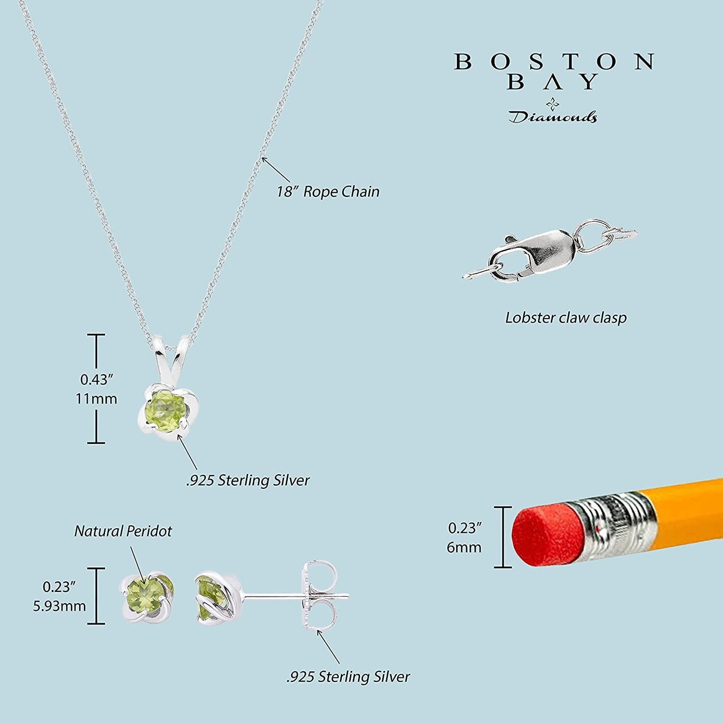 Sterling Silver Genuine Peridot 4-Prong Twist Solitaire Earrings & Pendant Set with Chain