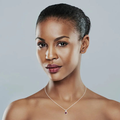 Sterling Silver Genuine Garnet 4-Prong Twist Solitaire Earrings & Pendant Set with Chain