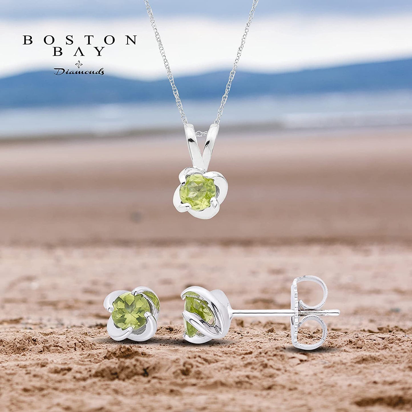 Sterling Silver Genuine Peridot 4-Prong Twist Solitaire Earrings & Pendant Set with Chain