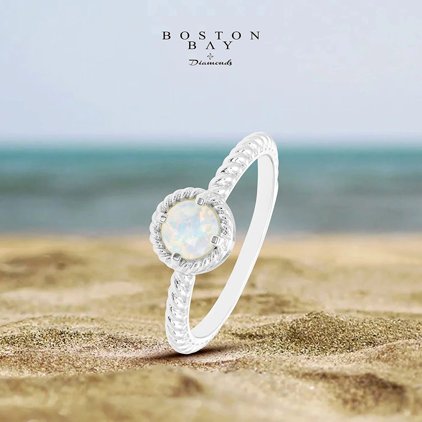 10 October - Solitaire Genuine Opal Gemstone Rope Halo Solitaire Stacking Ring in Sterling Silver