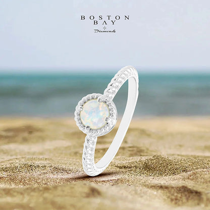 10 October - Solitaire Genuine Opal Gemstone Rope Halo Solitaire Stacking Ring in Sterling Silver