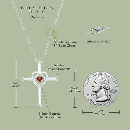 Genuine Garnet Dancing Gemstone & Genuine Diamond Cross Pendant in Sterling Silver