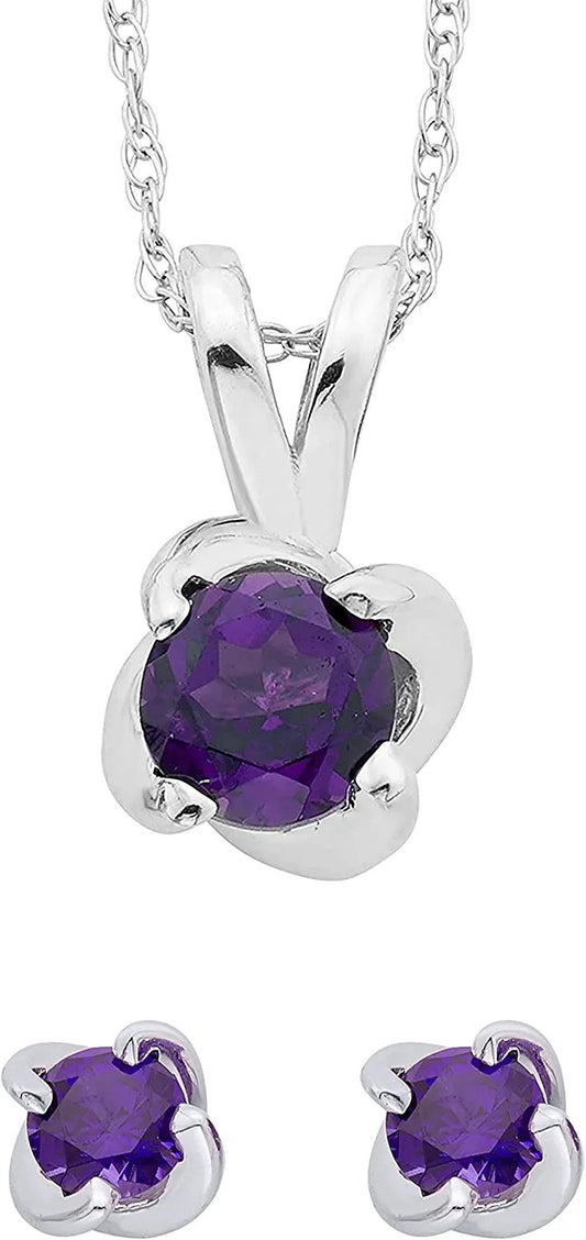 Sterling Silver Genuine Amethyst 4-Prong Twist Solitaire Earrings & Pendant Set with Chain