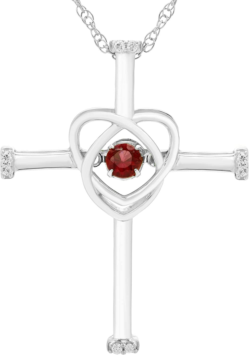 Genuine Garnet Dancing Gemstone & Genuine Diamond Cross Pendant in Sterling Silver