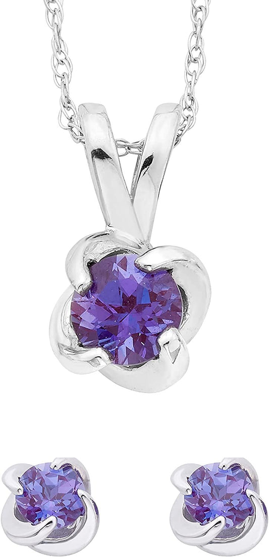 Sterling Silver Lab-Grown Alexandrite 4-Prong Twist Solitaire Earrings & Pendant Set with Chain