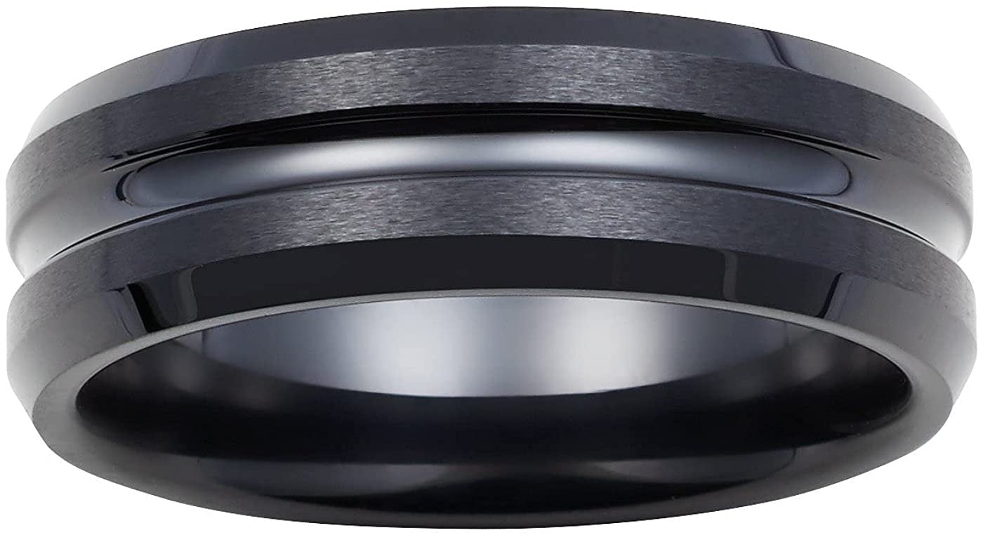 Black Ceramic 7mm Double Channel Groove Accent Fashion or Wedding Band Ring