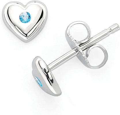 Simulated Blue Topaz Sterling Silver Birthstone Heart Stud Earrings
