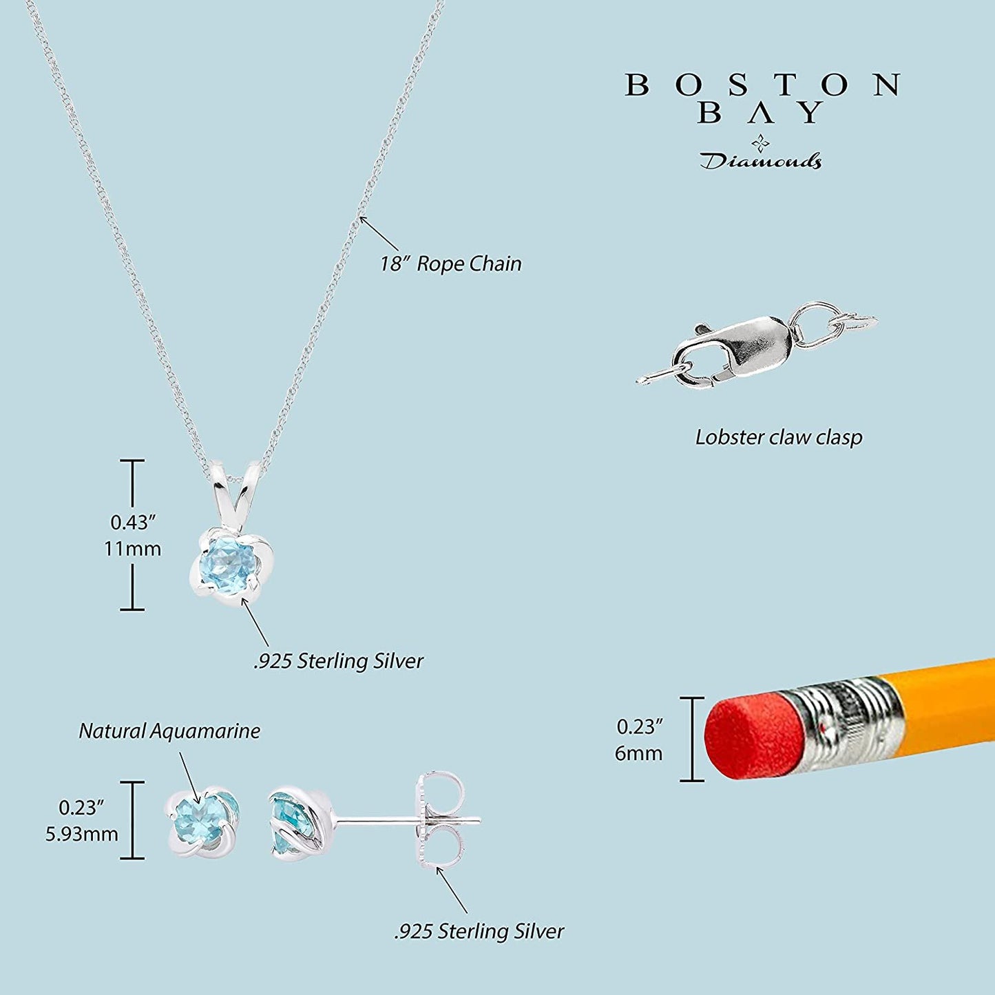 Sterling Silver Genuine Aquamarine 4-Prong Twist Solitaire Earrings & Pendant Set with Chain